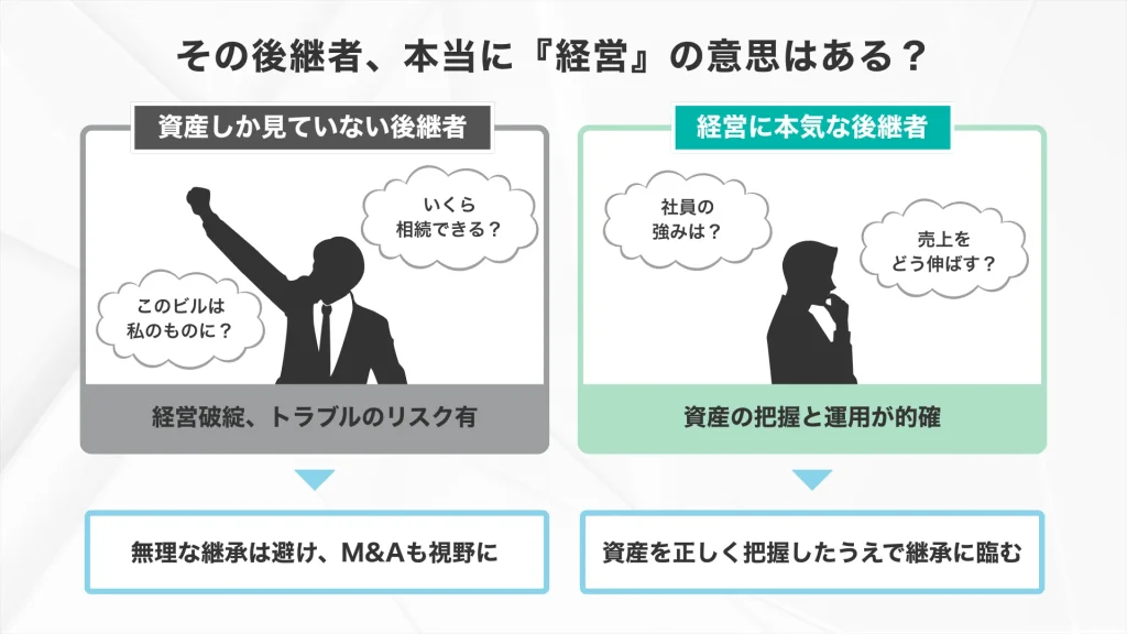 同族経営の事業承継の後継者で「資産しか見てない後継者」と「経営に本気な後継者」の違いと対策