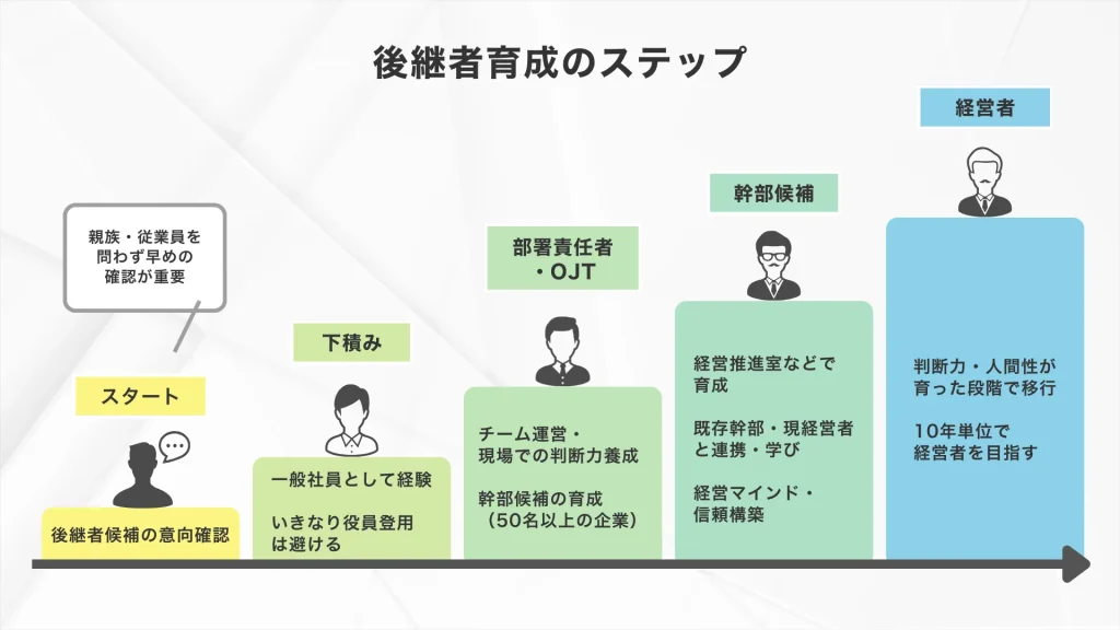 後継者育成のステップイメージ：下積みも含めて後継者の育成計画を立てる