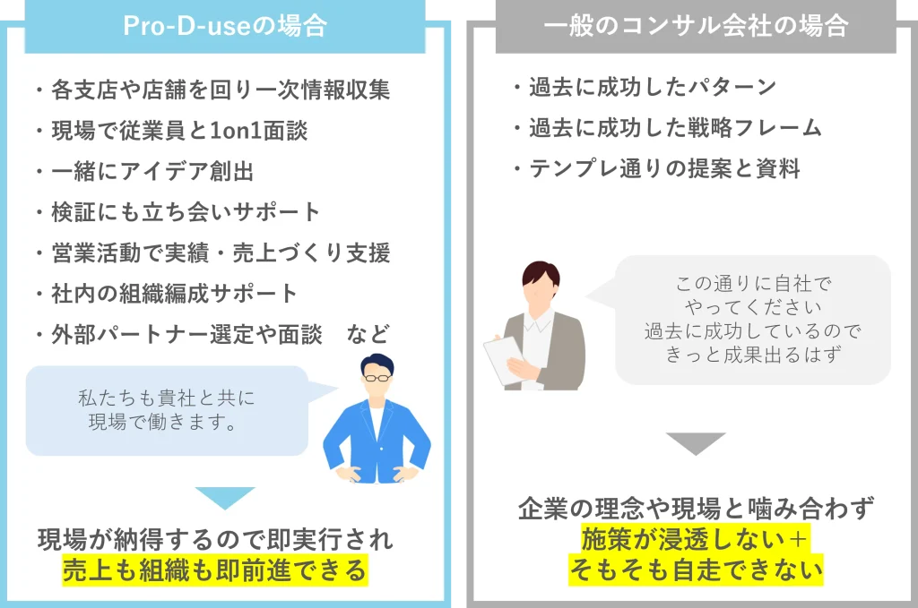 株式会社Pro-D-useのコンサルティングは、「実働」「実行」に独自性あり。
