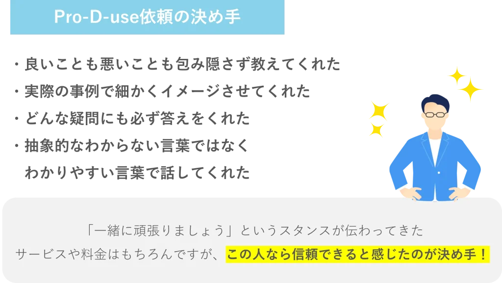 新規事業コンサルティング会社を、Pro-D-useに依頼する決め手となったもの