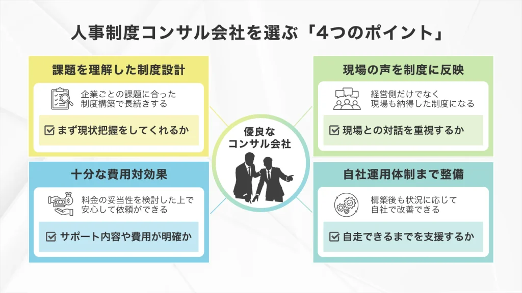 自社の課題に合った人事制度コンサル会社を選ぶ「4つのポイント」